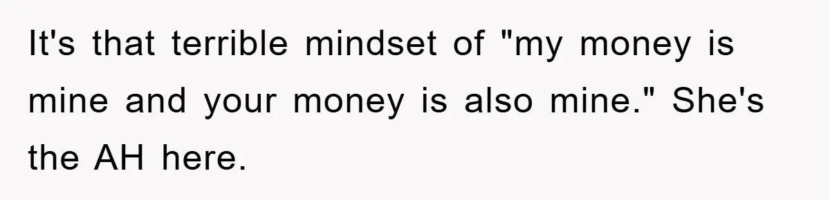 It's that terrible mindset of "my money is mine and your money is also mine." She's the AH here.