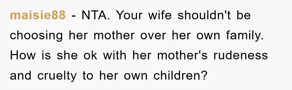 maisie88 − NTA. Your wife shouldn't be choosing her mother over her own family. How is she ok with her mother's rudeness and cruelty to her own children?