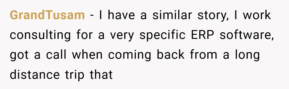 GrandTusam − I have a similar story, I work consulting for a very specific ERP software, got a call when coming back from a long distance trip that