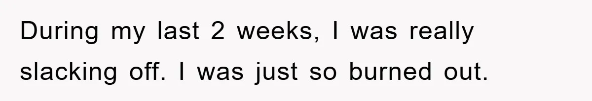 During my last 2 weeks, I was really slacking off. I was just so burned out.