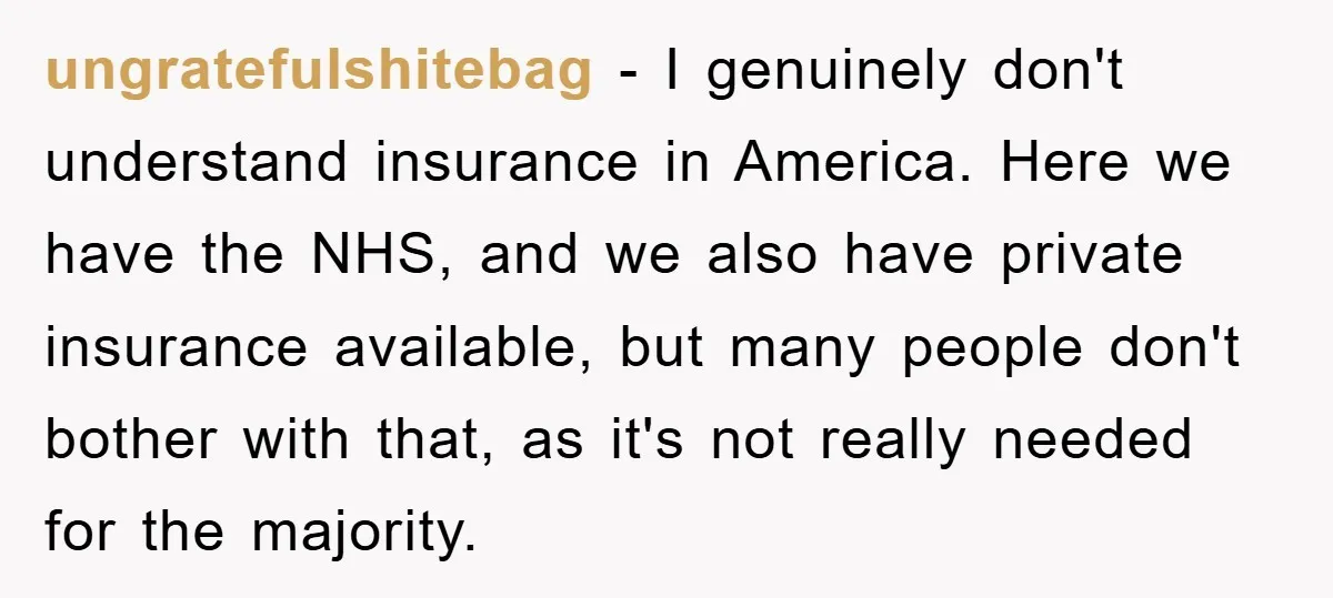 ungratefulshitebag − I genuinely don't understand insurance in America. Here we have the NHS, and we also have private insurance available, but many people don't bother with that, as it's...