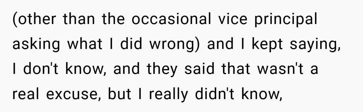 (other than the occasional vice principal asking what I did wrong) and I kept saying, I don't know, and they said that wasn't a real excuse, but I really didn't...