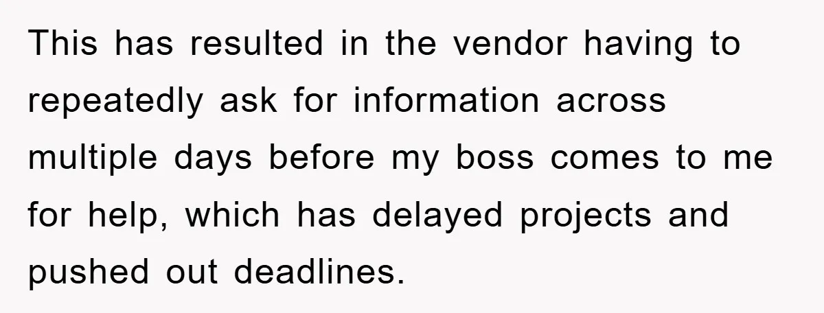 This has resulted in the vendor having to repeatedly ask for information across multiple days before my boss comes to me for help, which has delayed projects and pushed out...