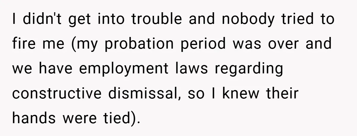 I didn't get into trouble and nobody tried to fire me (my probation period was over and we have employment laws regarding constructive dismissal, so I knew their hands were...
