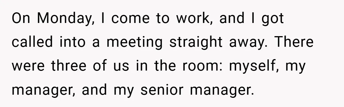 On Monday, I come to work, and I got called into a meeting straight away. There were three of us in the room: myself, my manager, and my senior manager.