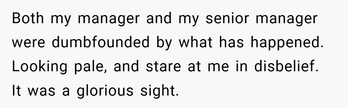 Both my manager and my senior manager were dumbfounded by what has happened. Looking pale, and stare at me in disbelief. It was a glorious sight.