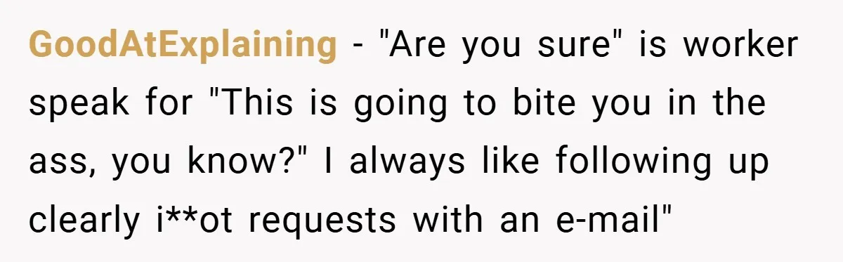 GoodAtExplaining − "Are you sure" is worker speak for "This is going to bite you in the ass, you know?" I always like following up clearly i**ot requests with an...