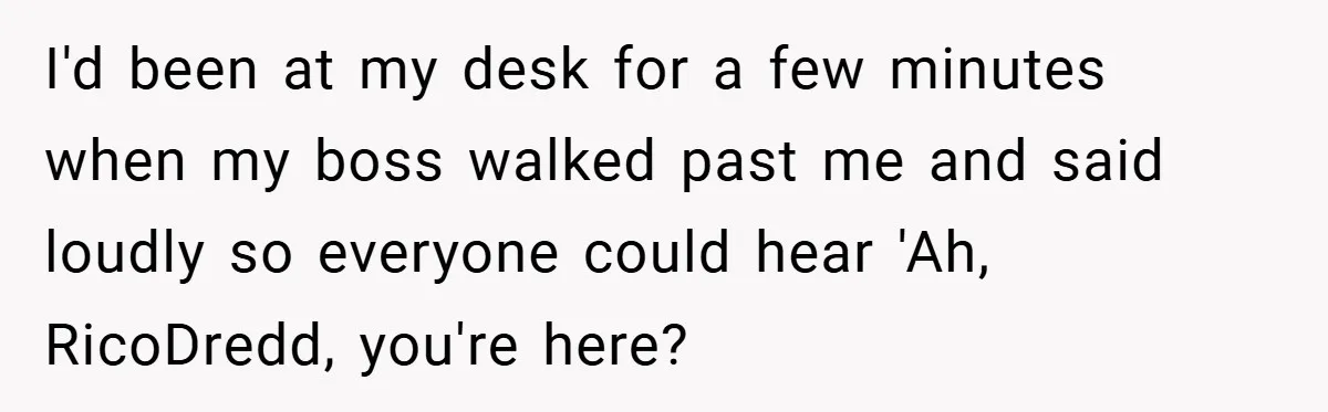 I'd been at my desk for a few minutes when my boss walked past me and said loudly so everyone could hear 'Ah, RicoDredd, you're here?