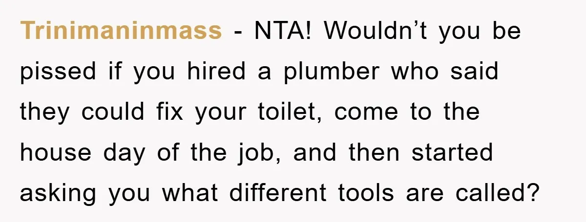 Trinimaninmass − NTA! Wouldn’t you be pissed if you hired a plumber who said they could fix your toilet, come to the house day of the job, and then started...