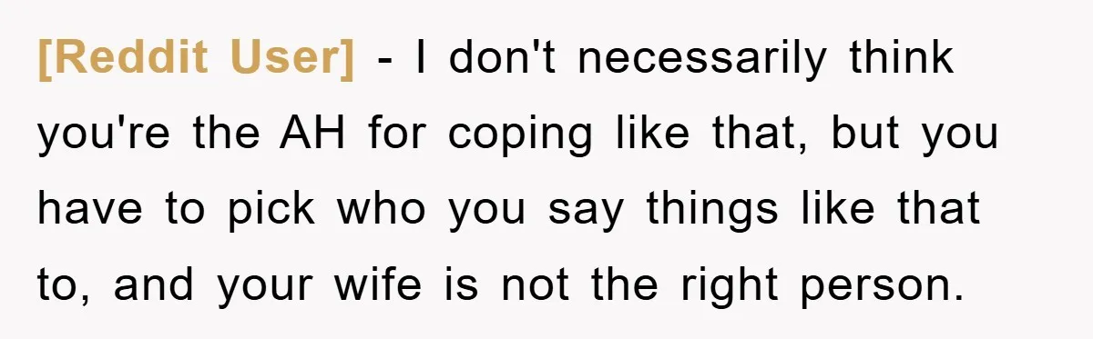 [Reddit User] − I don't necessarily think you're the AH for coping like that, but you have to pick who you say things like that to, and your wife is...