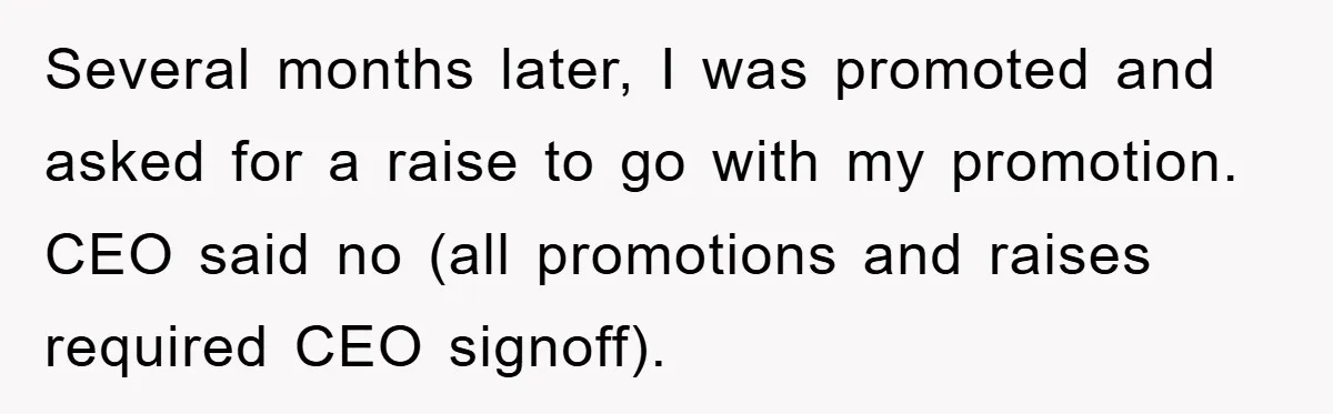 Several months later, I was promoted and asked for a raise to go with my promotion. CEO said no (all promotions and raises required CEO signoff).