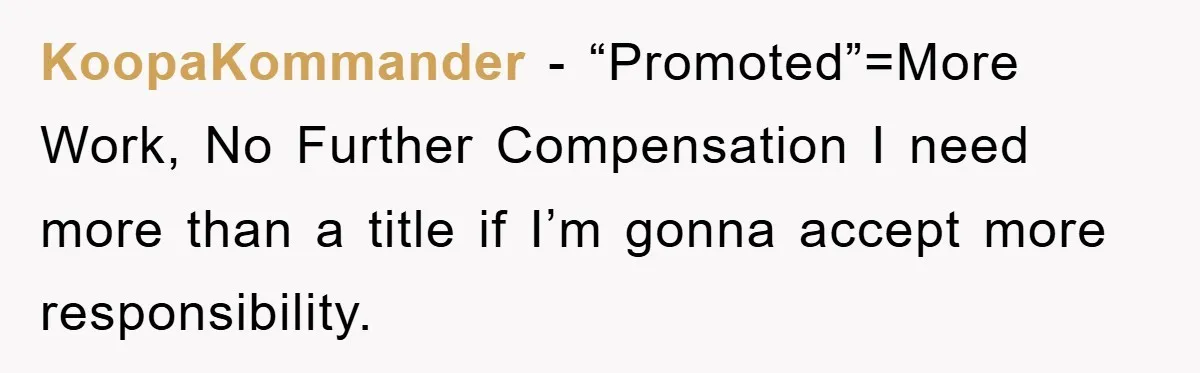 KoopaKommander − “Promoted”=More Work, No Further Compensation I need more than a title if I’m gonna accept more responsibility.