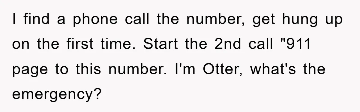 I find a phone call the number, get hung up on the first time. Start the 2nd call "911 page to this number. I'm Otter, what's the emergency?