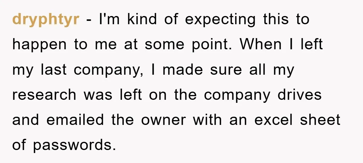 dryphtyr − I'm kind of expecting this to happen to me at some point. When I left my last company, I made sure all my research was left on the...