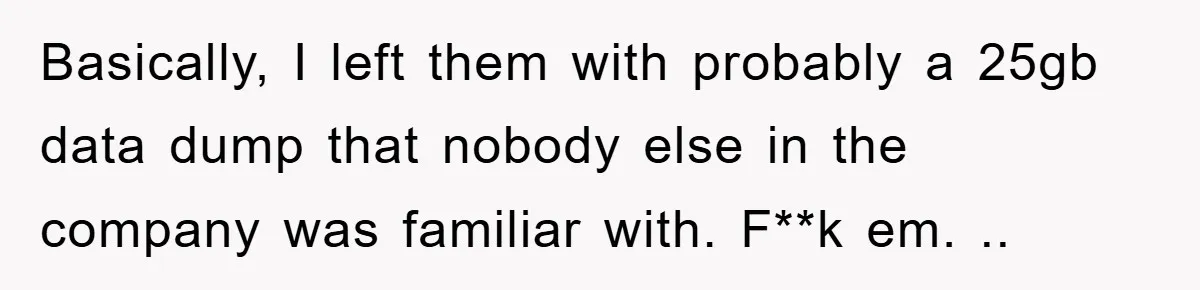 Basically, I left them with probably a 25gb data dump that nobody else in the company was familiar with. F**k em. ..