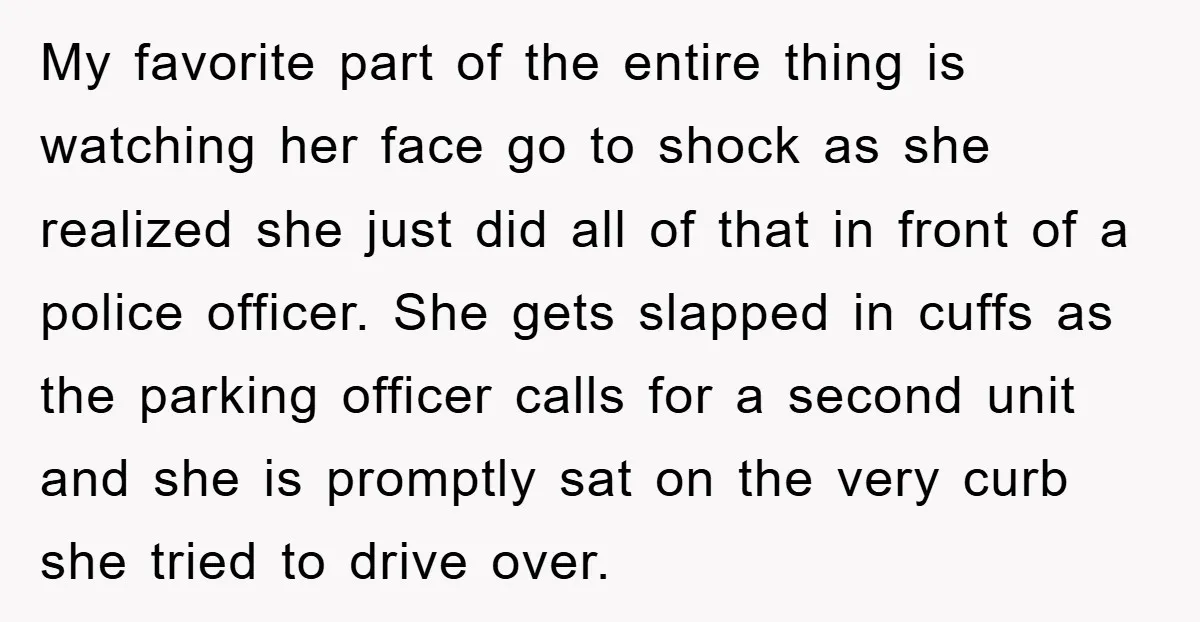 My favorite part of the entire thing is watching her face go to shock as she realized she just did all of that in front of a police officer. She...