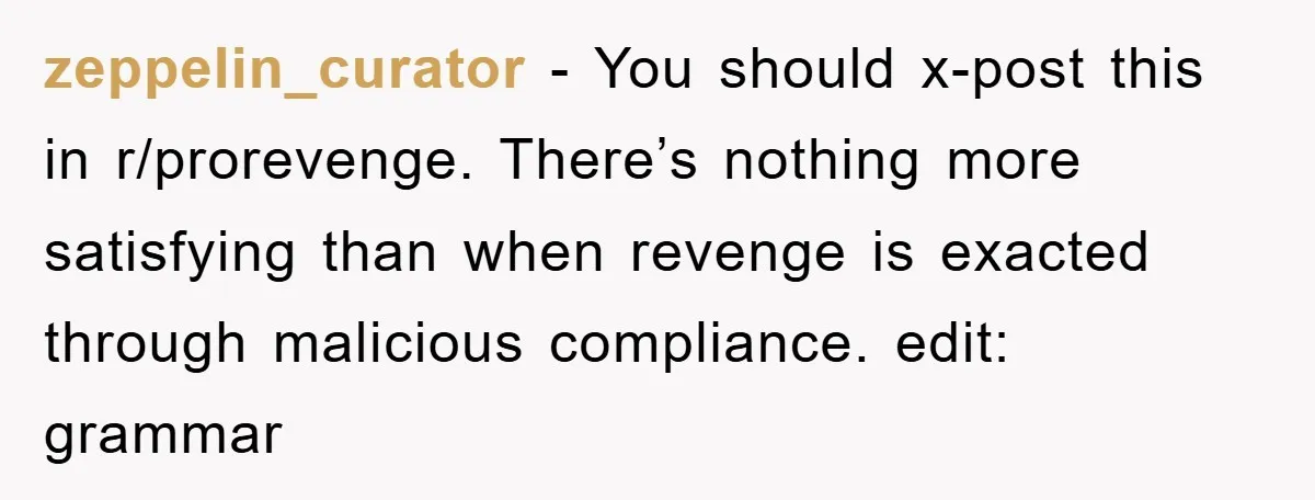zeppelin_curator − You should x-post this in r/prorevenge. There’s nothing more satisfying than when revenge is exacted through malicious compliance. edit: grammar