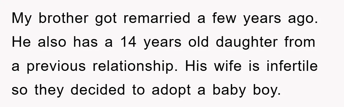 My brother got remarried a few years ago. He also has a 14 years old daughter from a previous relationship. His wife is infertile so they decided to adopt a...