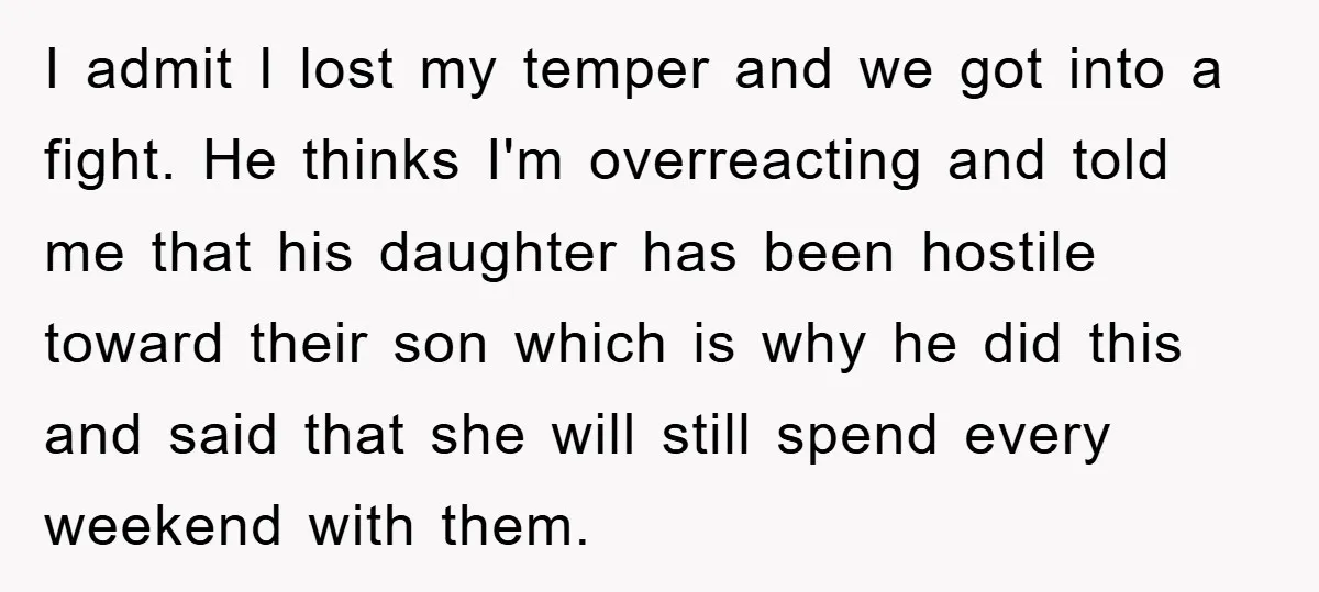 I admit I lost my temper and we got into a fight. He thinks I'm overreacting and told me that his daughter has been hostile toward their son which is...