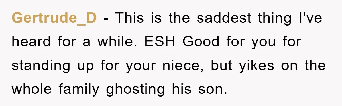 Gertrude_D − This is the saddest thing I've heard for a while. ESH Good for you for standing up for your niece, but yikes on the whole family ghosting his...