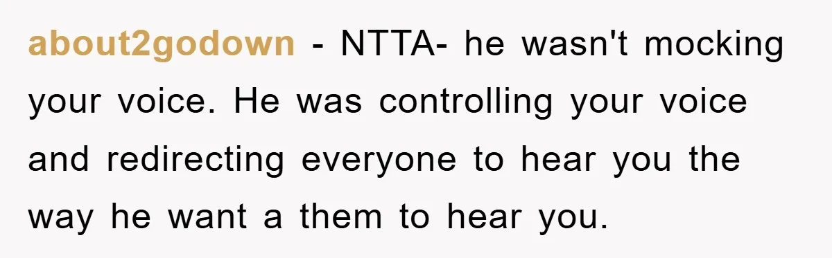 about2godown − NTTA- he wasn't mocking your voice. He was controlling your voice and redirecting everyone to hear you the way he want a them to hear you.