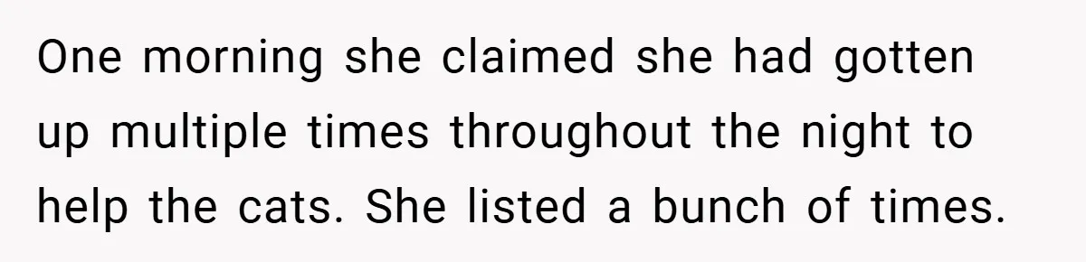 One morning she claimed she had gotten up multiple times throughout the night to help the cats. She listed a bunch of times.