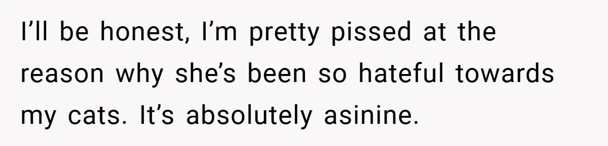 I’ll be honest, I’m pretty pissed at the reason why she’s been so hateful towards my cats. It’s absolutely asinine.