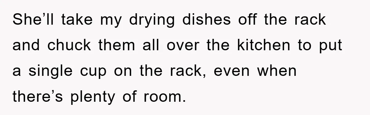 She’ll take my drying dishes off the rack and chuck them all over the kitchen to put a single cup on the rack, even when there’s plenty of room.