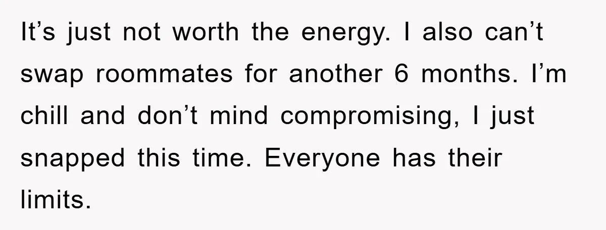It’s just not worth the energy. I also can’t swap roommates for another 6 months. I’m chill and don’t mind compromising, I just snapped this time. Everyone has their limits.
