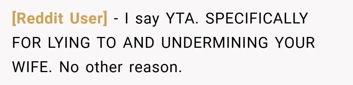 [Reddit User] − I say YTA. SPECIFICALLY FOR LYING TO AND UNDERMINING YOUR WIFE. No other reason.