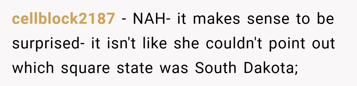 cellblock2187 − NAH- it makes sense to be surprised- it isn't like she couldn't point out which square state was South Dakota;
