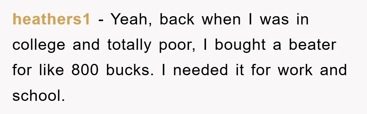heathers1 − Yeah, back when I was in college and totally poor, I bought a beater for like 800 bucks. I needed it for work and school.