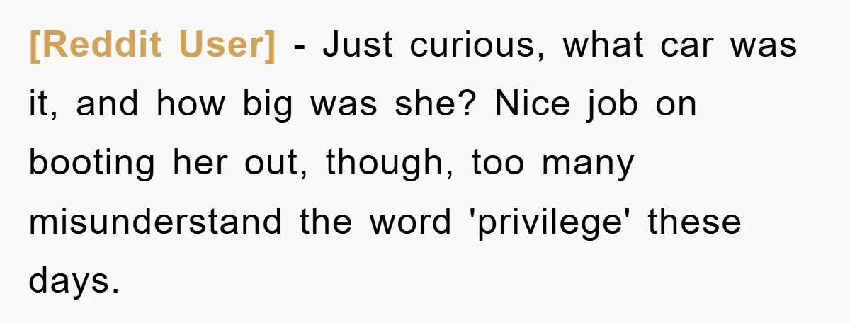 [Reddit User] − Just curious, what car was it, and how big was she? Nice job on booting her out, though, too many misunderstand the word 'privilege' these days.
