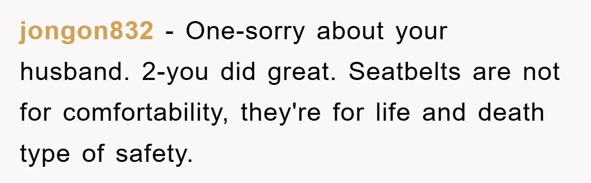 jongon832 − One-sorry about your husband. 2-you did great. Seatbelts are not for comfortability, they're for life and death type of safety.