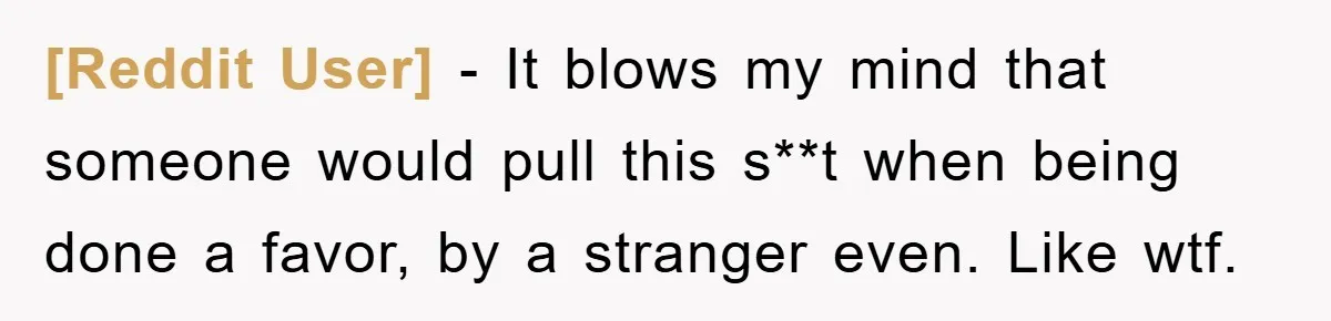 [Reddit User] − It blows my mind that someone would pull this s**t when being done a favor, by a stranger even. Like wtf.