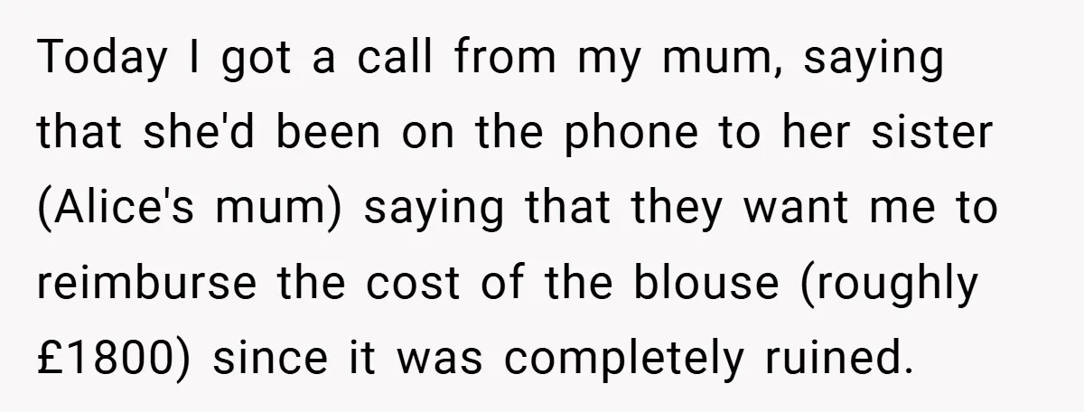 Today I got a call from my mum, saying that she'd been on the phone to her sister (Alice's mum) saying that they want me to reimburse the cost of...