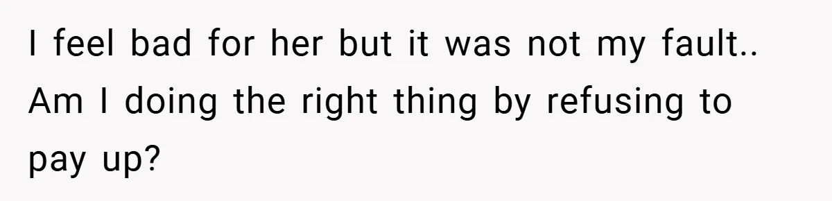 I feel bad for her but it was not my fault.. Am I doing the right thing by refusing to pay up?