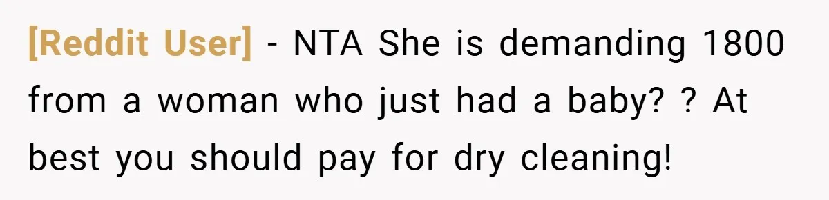 [Reddit User] − NTA She is demanding 1800 from a woman who just had a baby? ? At best you should pay for dry cleaning!