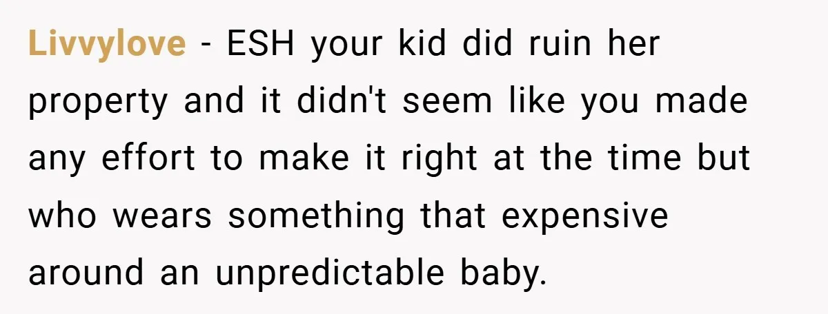 Livvylove − ESH your kid did ruin her property and it didn't seem like you made any effort to make it right at the time but who wears something that...