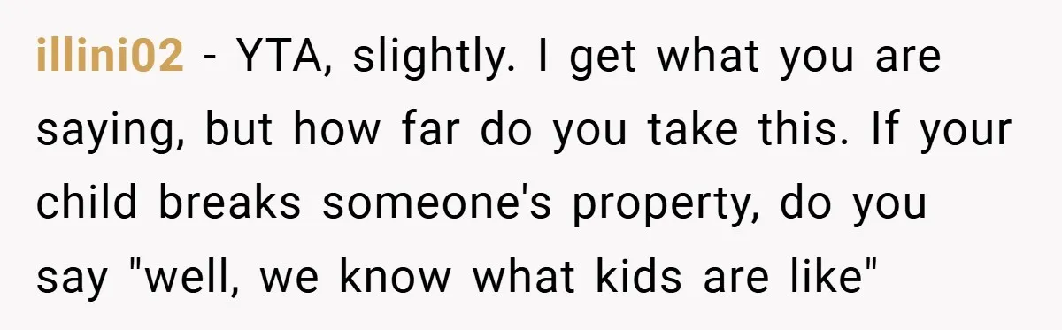 illini02 − YTA, slightly. I get what you are saying, but how far do you take this. If your child breaks someone's property, do you say "well, we know what...