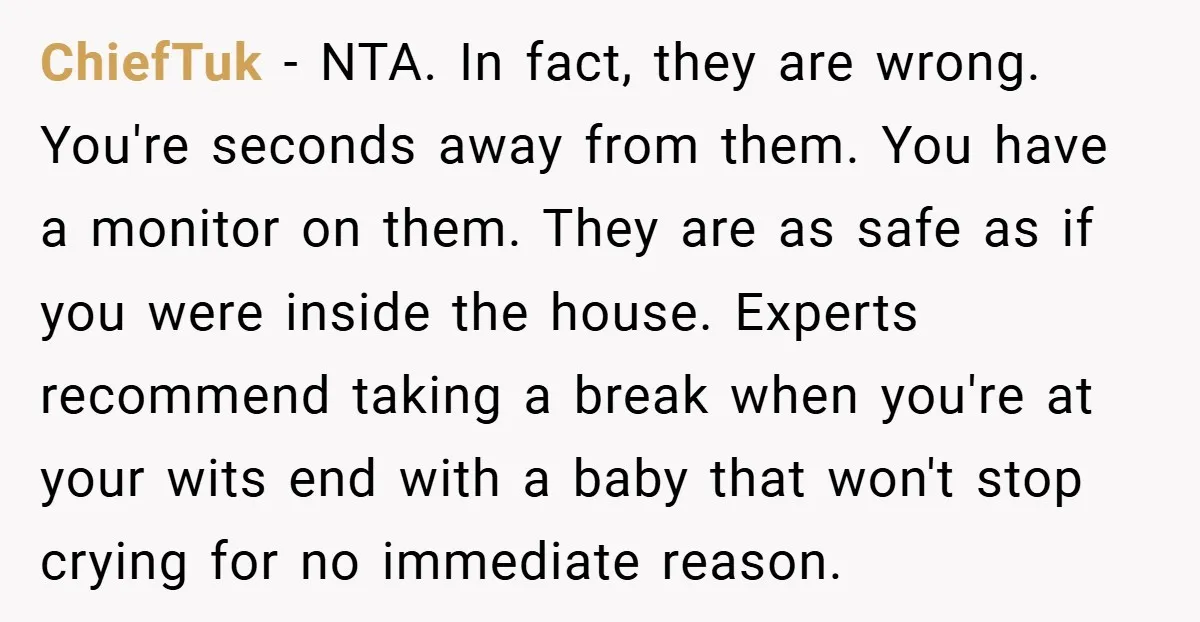 Young Mom Slammed for Leaving Babies Alone - Experts Say She Did the Right Thing ChiefTuk − NTA. In fact, they are wrong. You're seconds away from them. You have a monitor on them. They are as safe as if you were inside the house....