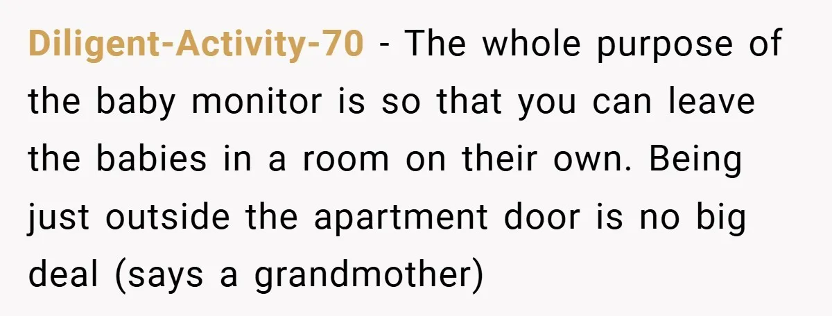 Young Mom Slammed for Leaving Babies Alone - Experts Say She Did the Right Thing Diligent-Activity-70 − The whole purpose of the baby monitor is so that you can leave the babies in a room on their own. Being just outside the apartment door is...