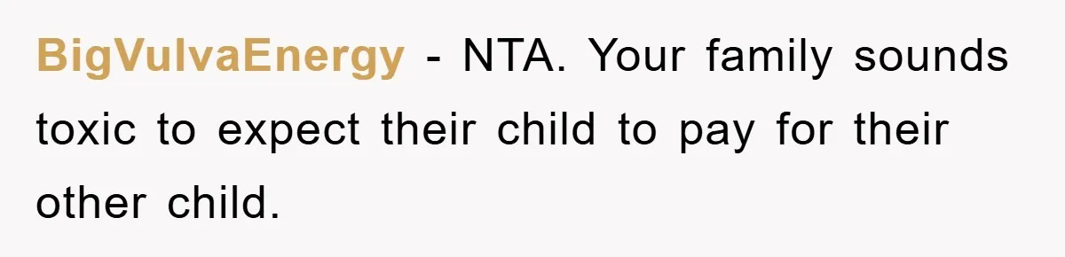 BigVulvaEnergy − NTA. Your family sounds toxic to expect their child to pay for their other child.