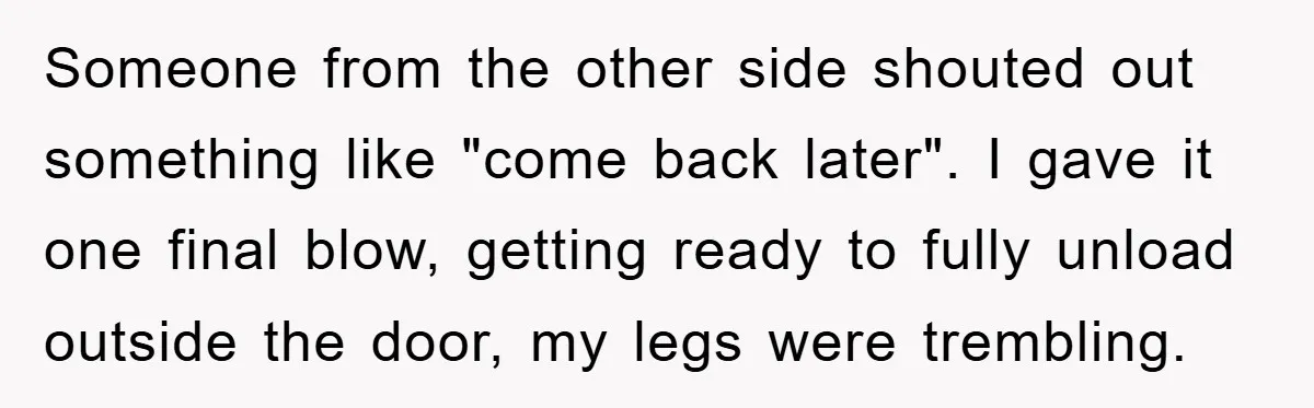Someone from the other side shouted out something like "come back later". I gave it one final blow, getting ready to fully unload outside the door, my legs were trembling.