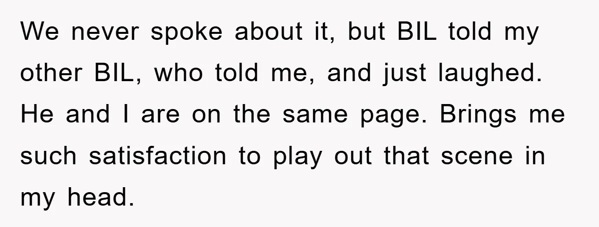 We never spoke about it, but BIL told my other BIL, who told me, and just laughed. He and I are on the same page. Brings me such satisfaction to...