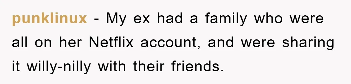punklinux − My ex had a family who were all on her Netflix account, and were sharing it willy-nilly with their friends.