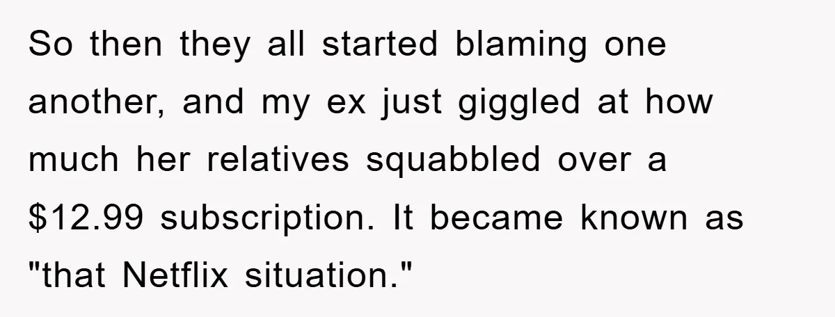 So then they all started blaming one another, and my ex just giggled at how much her relatives squabbled over a $12.99 subscription. It became known as "that Netflix situation."