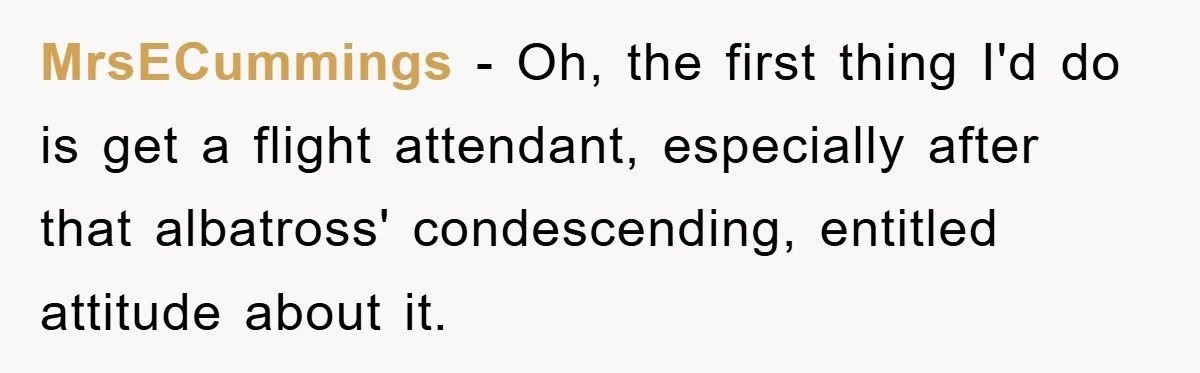 MrsECummings − Oh, the first thing I'd do is get a flight attendant, especially after that albatross' condescending, entitled attitude about it.