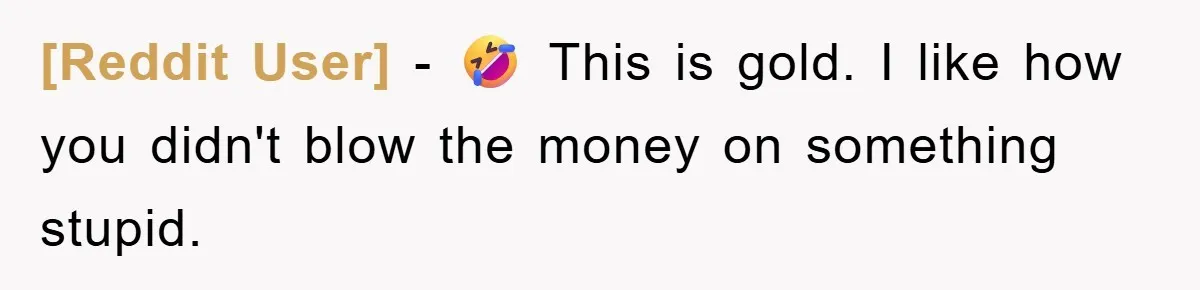 [Reddit User] − 🤣 This is gold. I like how you didn't blow the money on something stupid.