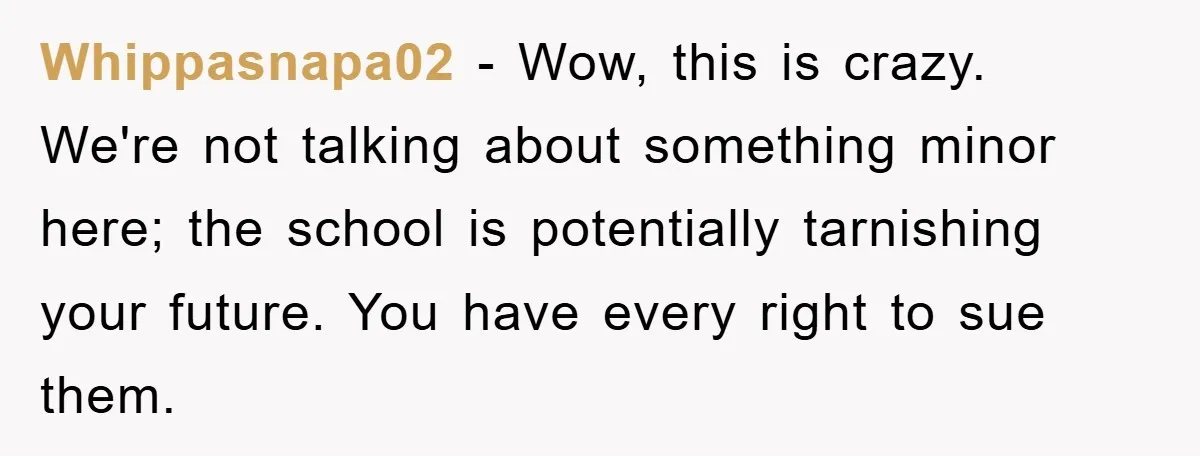 Whippasnapa02 − Wow, this is crazy. We're not talking about something minor here; the school is potentially tarnishing your future. You have every right to sue them.